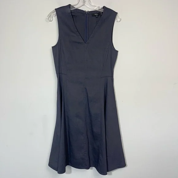 THEORY LINEN KALSINGTON FIT & FLARE DRESS 4 NAVY BLUE MIDI SLEEVELESS POCKETS - Picture 7 of 16